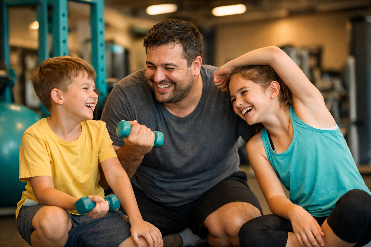 Baba ve cocuklari birlikte antrenman yapiyor