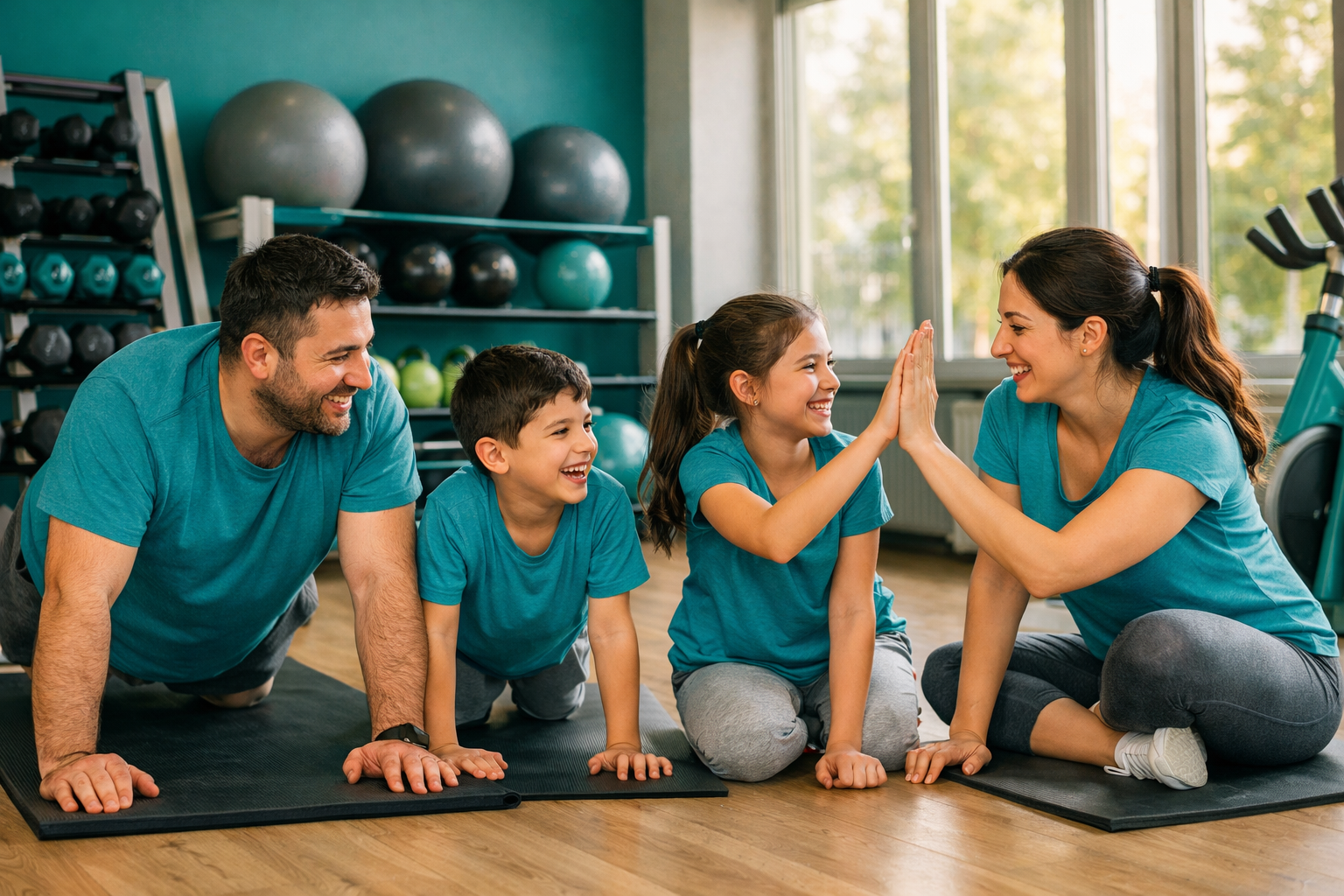Mutlu bir aile spor salonunda birlikte egzersiz yapiyor